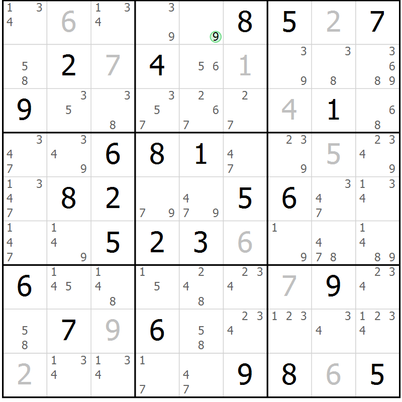 Position des candidats pour la solution de la Gr 54 page 57 du magazine de sudoku Sudoku Suprême n° 039