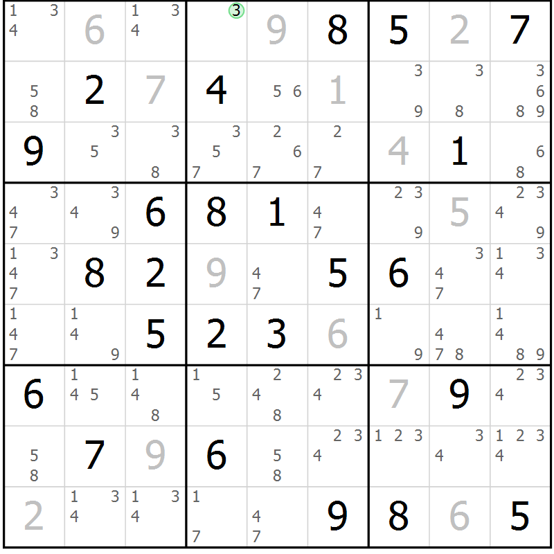 Position des candidats pour la solution de la Gr 54 page 57 du magazine de sudoku Sudoku Suprême n° 039