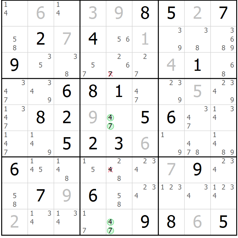 Position des candidats pour la solution de la Gr 54 page 57 du magazine de sudoku Sudoku Suprême n° 039