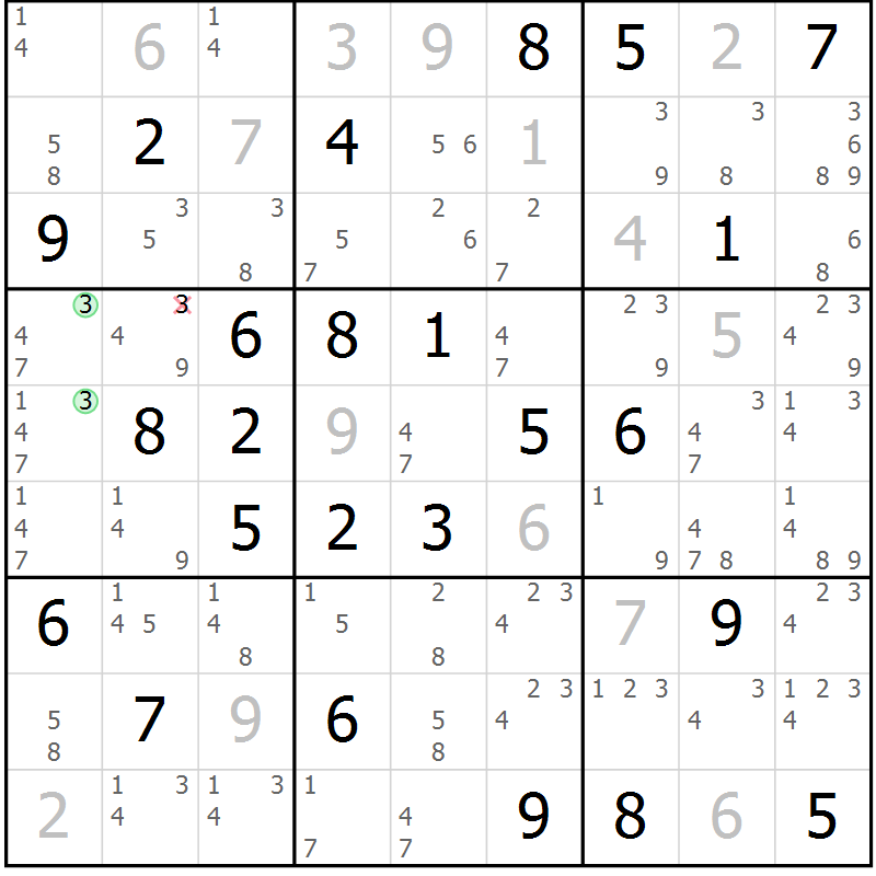 Position des candidats pour la solution de la Gr 54 page 57 du magazine de sudoku Sudoku Suprême n° 039