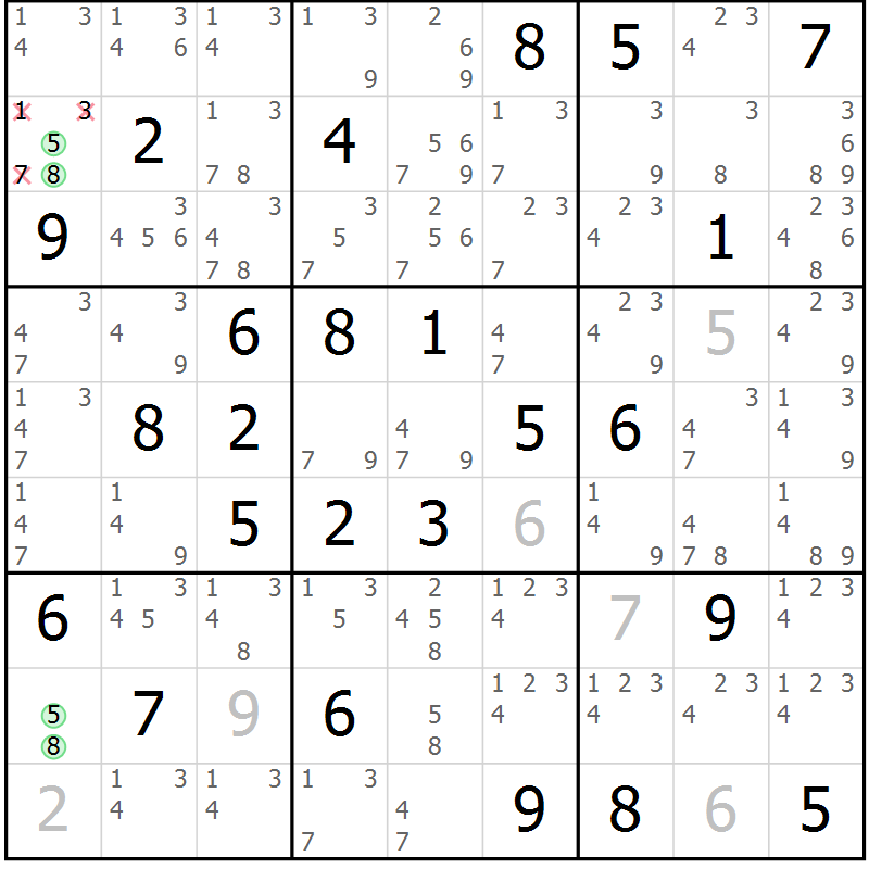 Position des candidats pour la solution de la Gr 54 page 57 du magazine de sudoku Sudoku Suprême n° 039