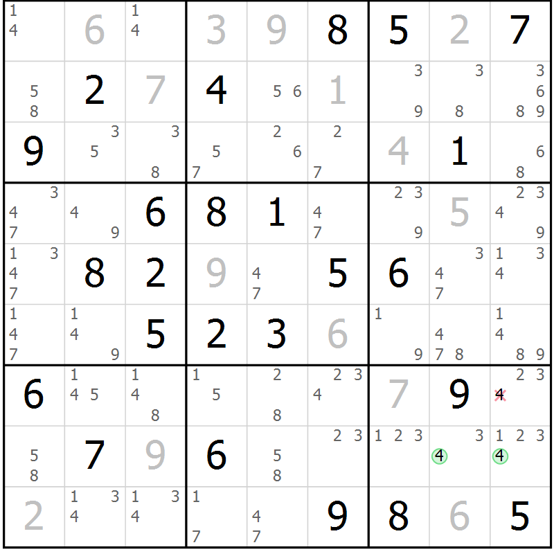Position des candidats pour la solution de la Gr 54 page 57 du magazine de sudoku Sudoku Suprême n° 039