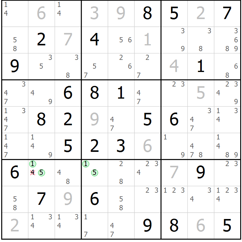 Position des candidats pour la solution de la Gr 54 page 57 du magazine de sudoku Sudoku Suprême n° 039