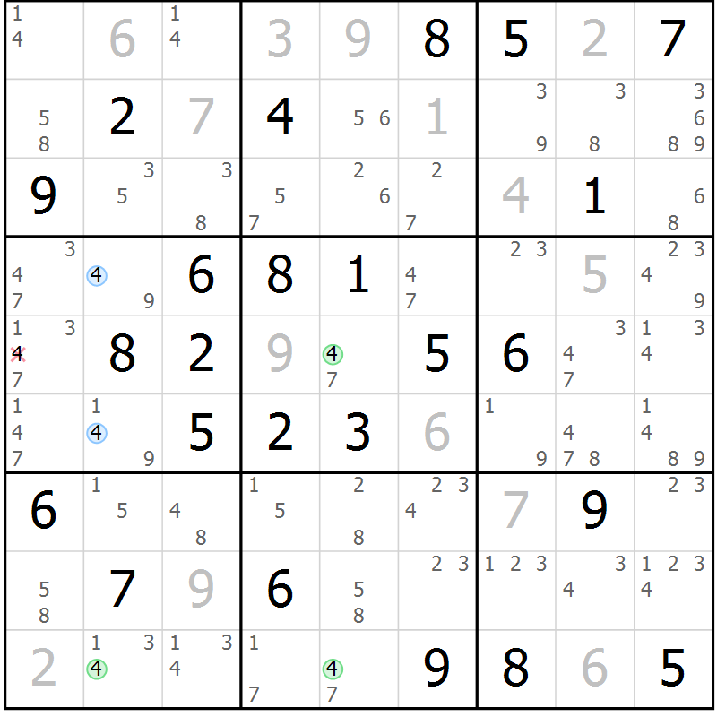 Position des candidats pour la solution de la Gr 54 page 57 du magazine de sudoku Sudoku Suprême n° 039