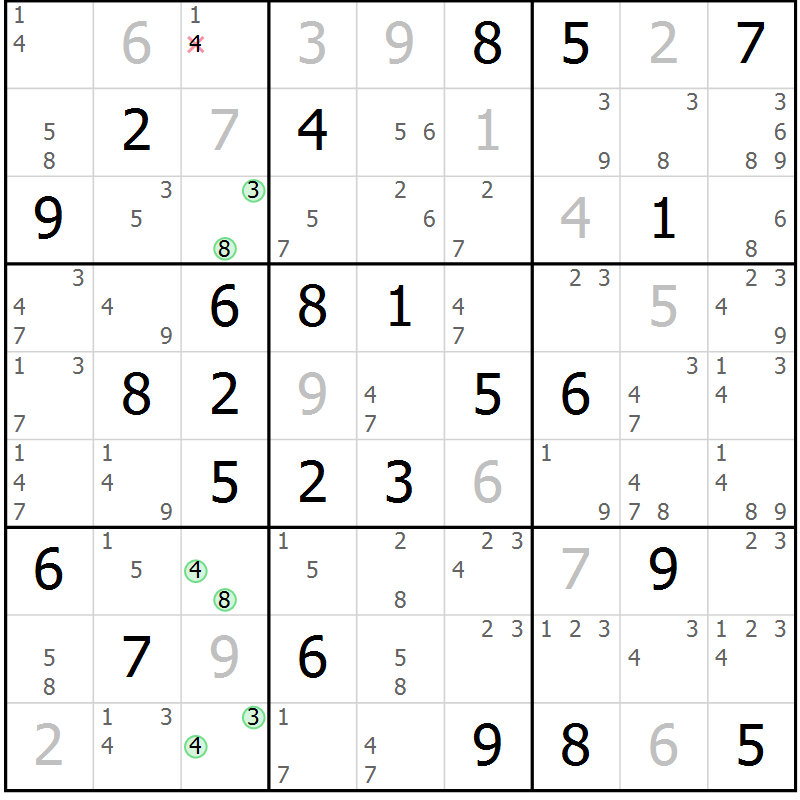 Position des candidats pour la solution de la Gr 54 page 57 du magazine de sudoku Sudoku Suprême n° 039