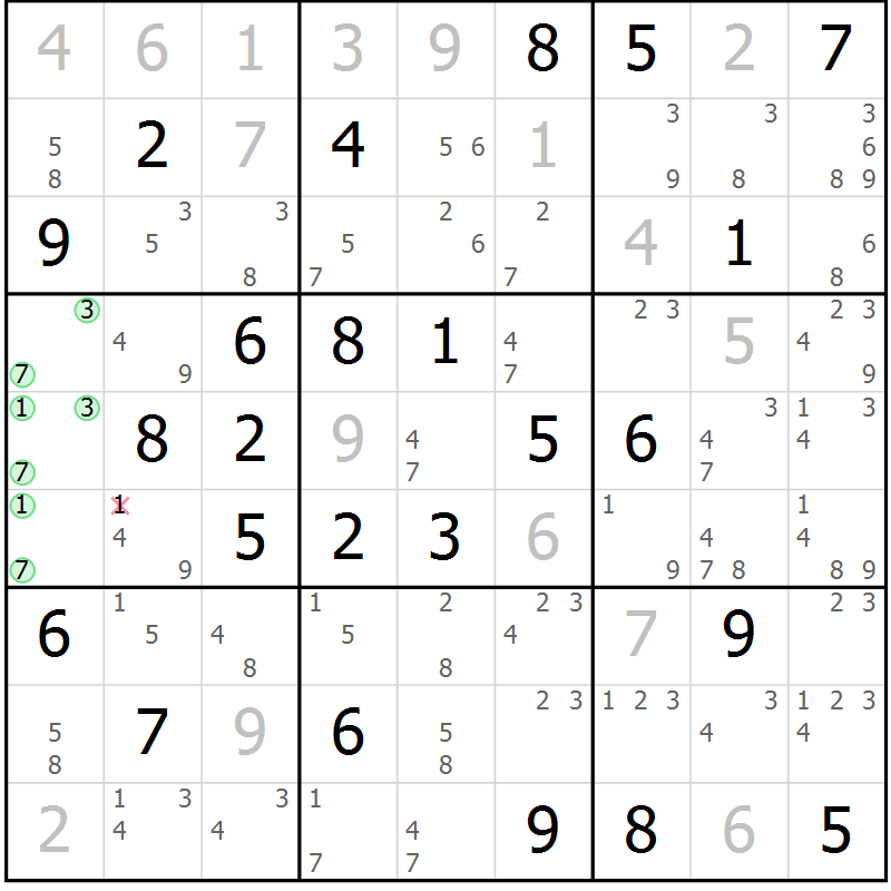 Position des candidats pour la solution de la Gr 54 page 57 du magazine de sudoku Sudoku Suprême n° 039