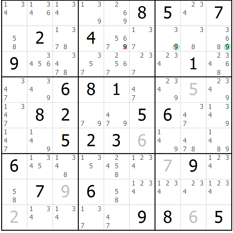Position des candidats pour la solution de la Gr 54 page 57 du magazine de sudoku Sudoku Suprême n° 039