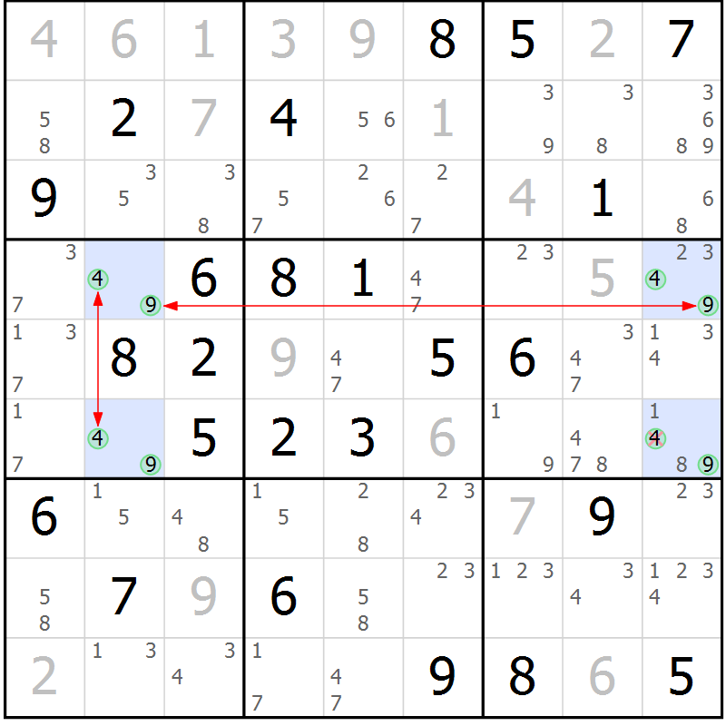 Position des candidats pour la solution de la Gr 54 page 57 du magazine de sudoku Sudoku Suprême n° 039