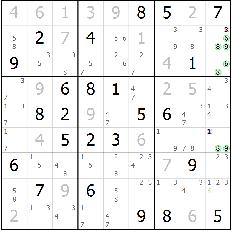 Position des candidats pour la solution de la Gr 54 page 57 du magazine de sudoku Sudoku Suprême n° 039