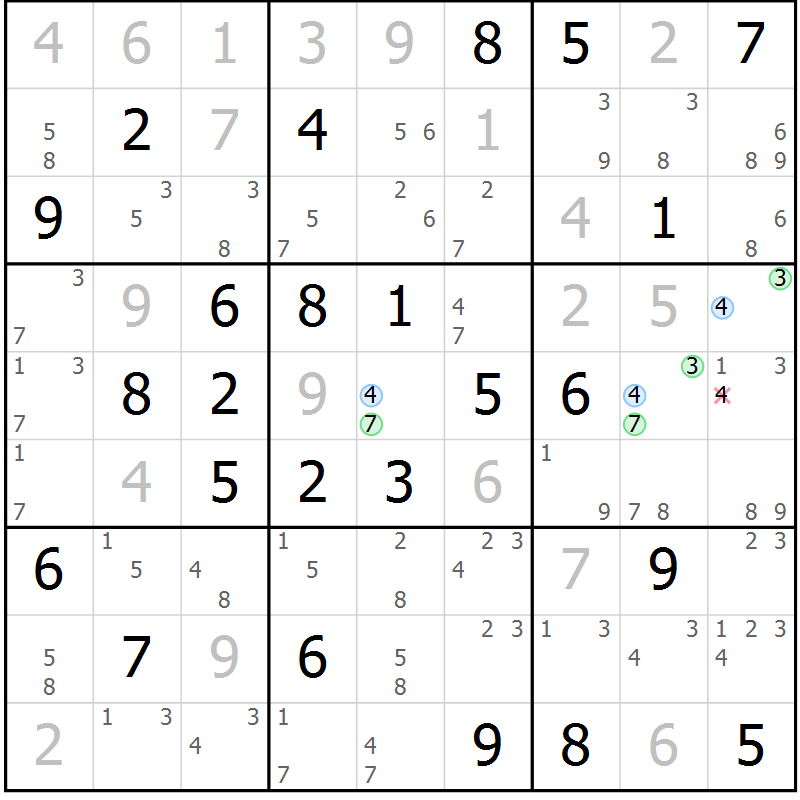 Position des candidats pour la solution de la Gr 54 page 57 du magazine de sudoku Sudoku Suprême n° 039