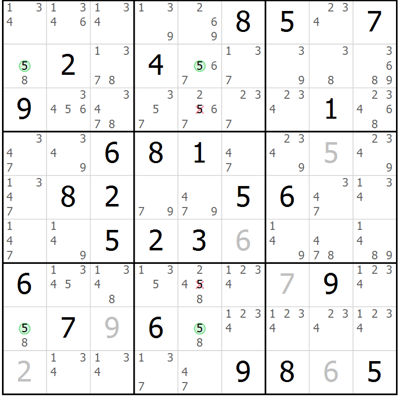 Position des candidats pour la solution de la Gr 54 page 57 du magazine de sudoku Sudoku Suprême n° 039
