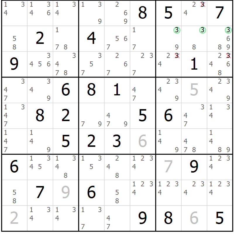 Position des candidats pour la solution de la Gr 54 page 57 du magazine de sudoku Sudoku Suprême n° 039