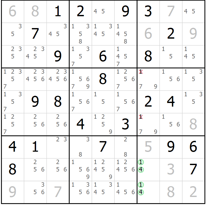 Position des candidats pour la solution de la Gr 55 page 58 du magazine de sudoku Sudoku Suprême n° 039
