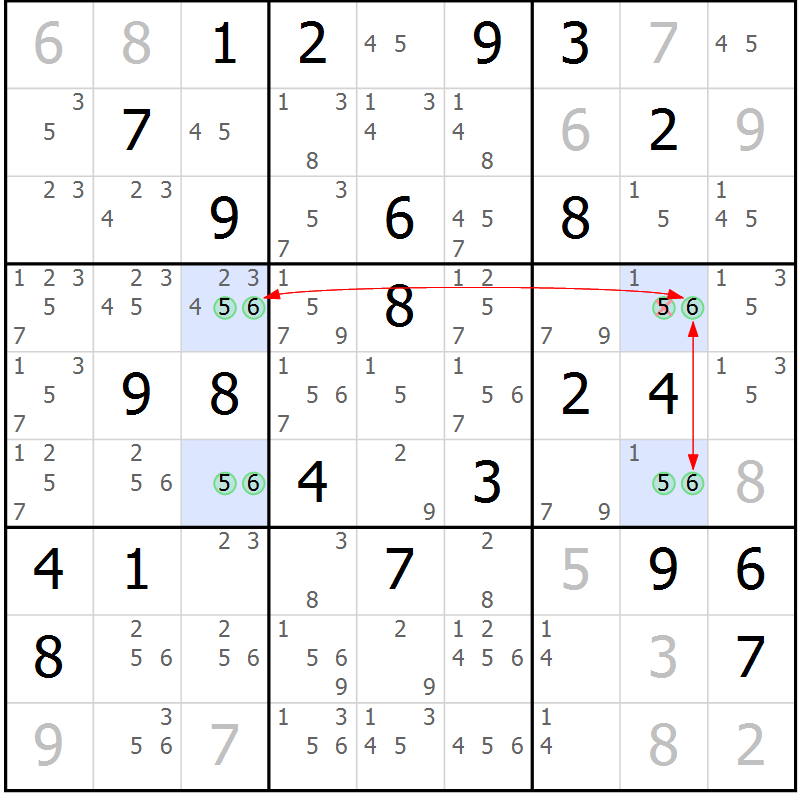 Position des candidats pour la solution de la Gr 55 page 58 du magazine de sudoku Sudoku Suprême n° 039