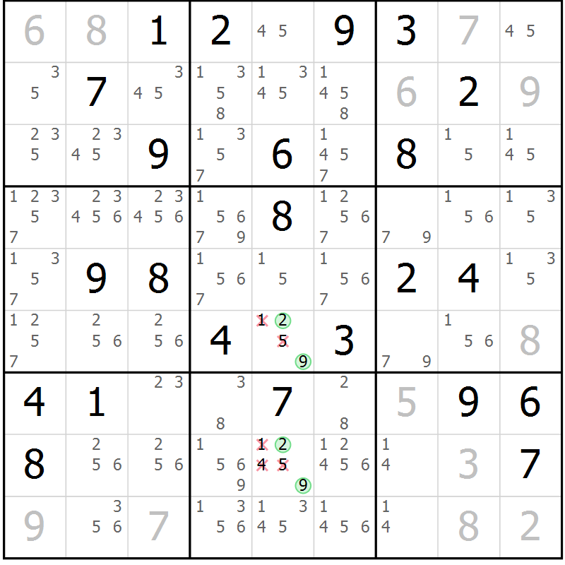 Position des candidats pour la solution de la Gr 55 page 58 du magazine de sudoku Sudoku Suprême n° 039