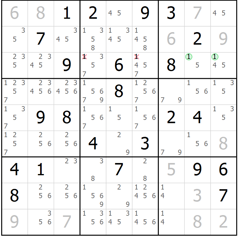 Position des candidats pour la solution de la Gr 55 page 58 du magazine de sudoku Sudoku Suprême n° 039