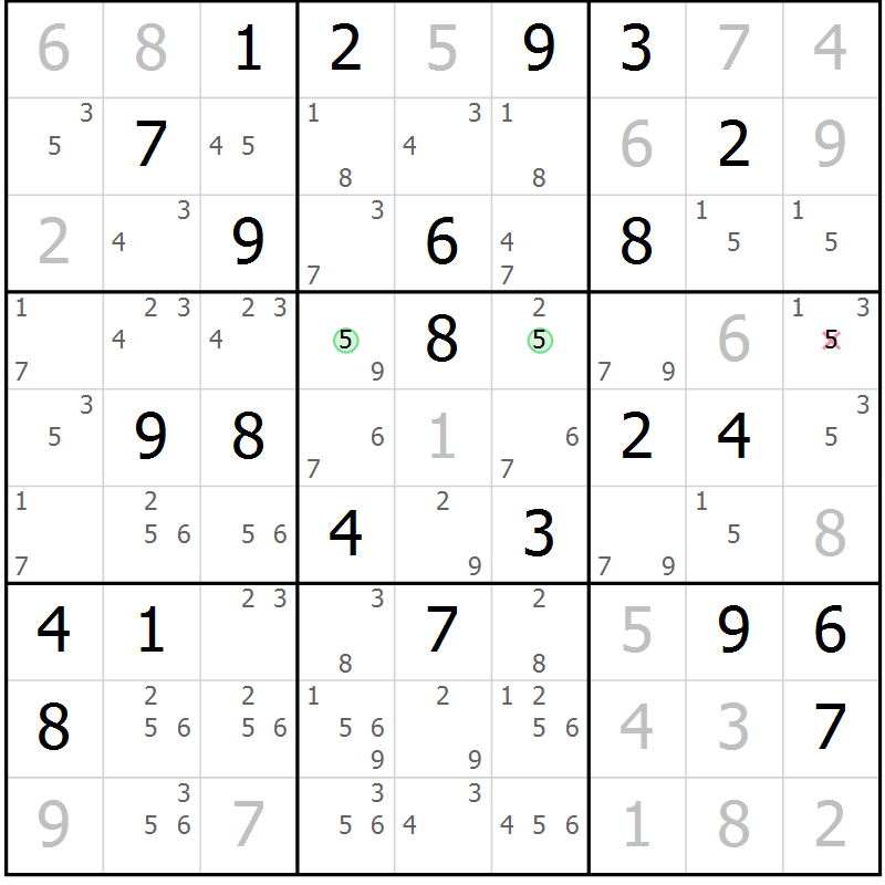 Position des candidats pour la solution de la Gr 55 page 58 du magazine de sudoku Sudoku Suprême n° 039