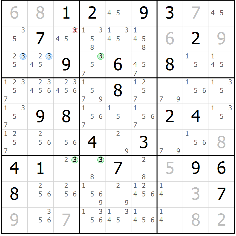 Position des candidats pour la solution de la Gr 55 page 58 du magazine de sudoku Sudoku Suprême n° 039