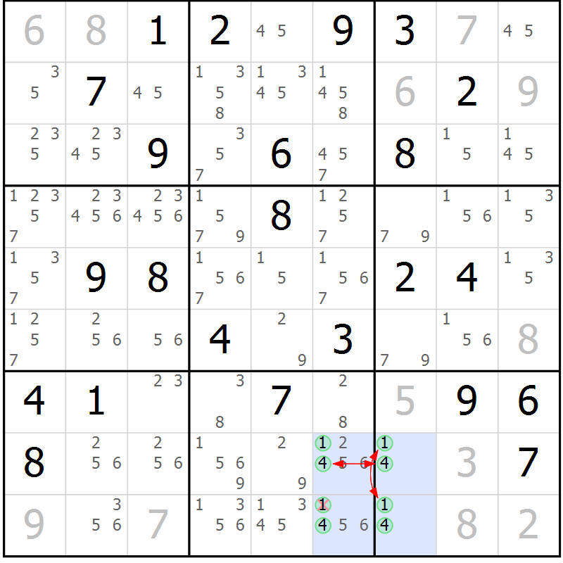 Position des candidats pour la solution de la Gr 55 page 58 du magazine de sudoku Sudoku Suprême n° 039