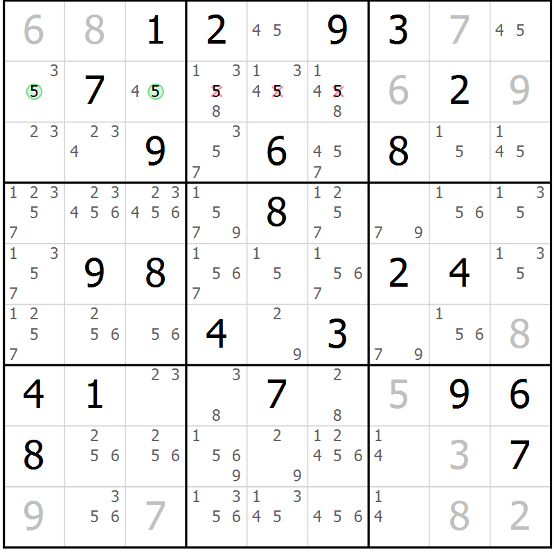 Position des candidats pour la solution de la Gr 55 page 58 du magazine de sudoku Sudoku Suprême n° 039