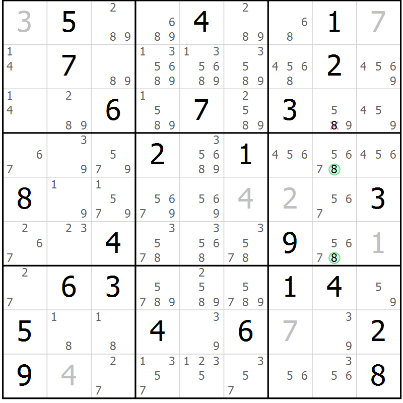 Position des candidats pour la solution de la Gr 56 page 59 du magazine de sudoku Sudoku Suprême n° 039