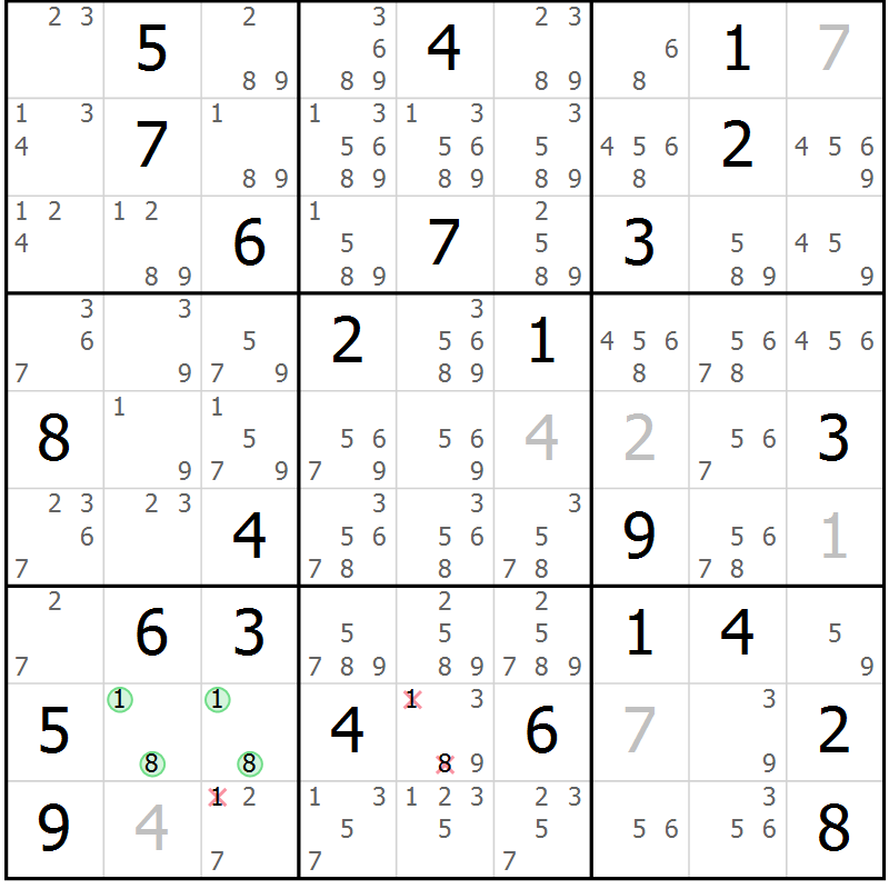 Position des candidats pour la solution de la Gr 56 page 59 du magazine de sudoku Sudoku Suprême n° 039