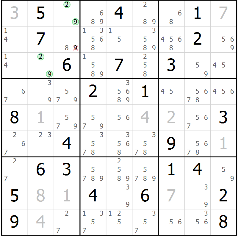 Position des candidats pour la solution de la Gr 56 page 59 du magazine de sudoku Sudoku Suprême n° 039