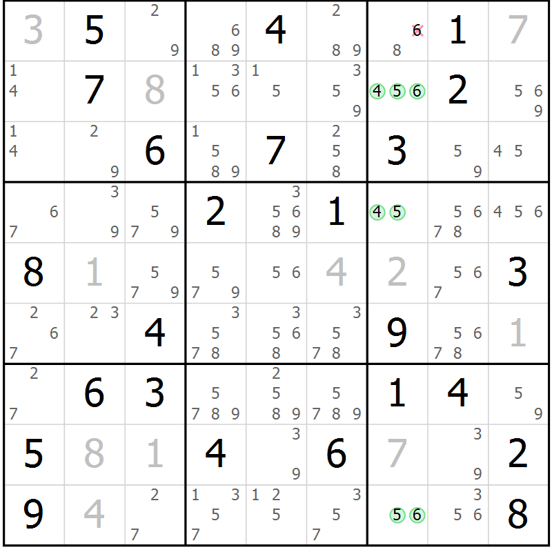 Position des candidats pour la solution de la Gr 56 page 59 du magazine de sudoku Sudoku Suprême n° 039