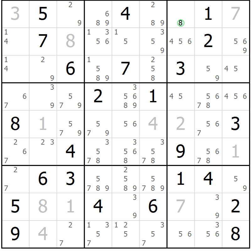 Position des candidats pour la solution de la Gr 56 page 59 du magazine de sudoku Sudoku Suprême n° 039