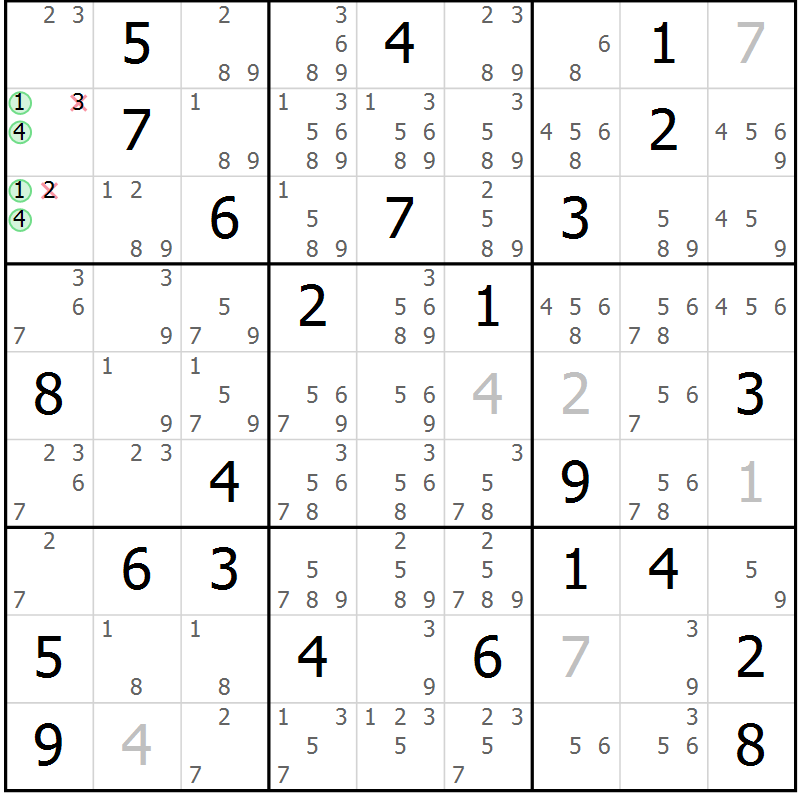 Position des candidats pour la solution de la Gr 56 page 59 du magazine de sudoku Sudoku Suprême n° 039