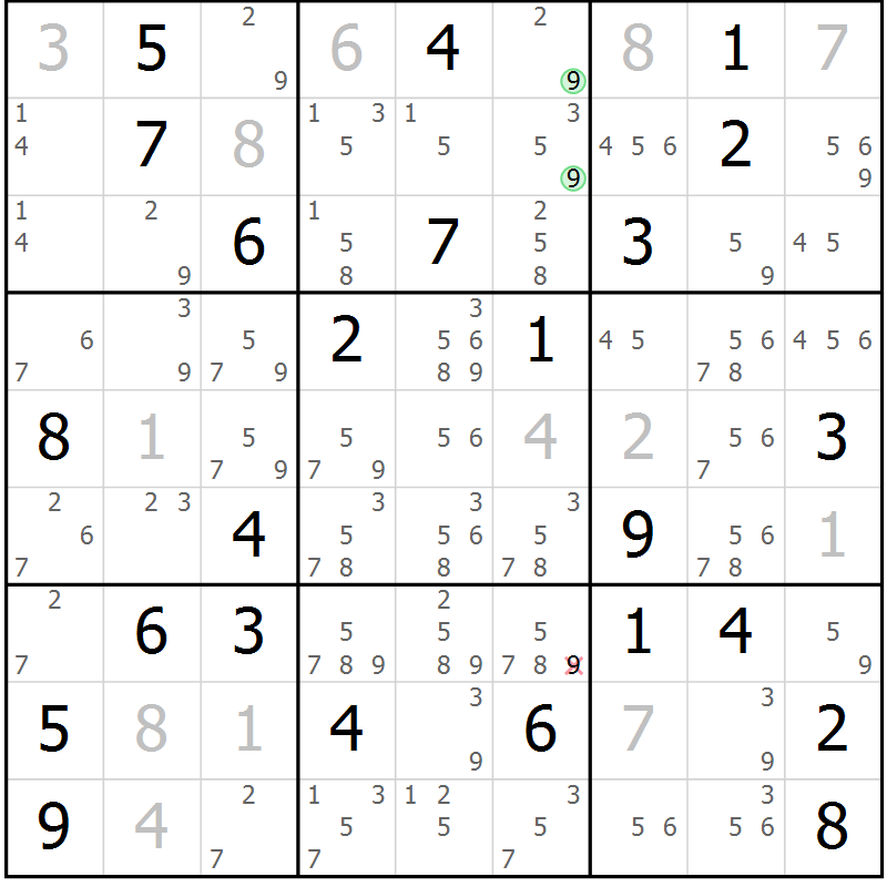 Position des candidats pour la solution de la Gr 56 page 59 du magazine de sudoku Sudoku Suprême n° 039