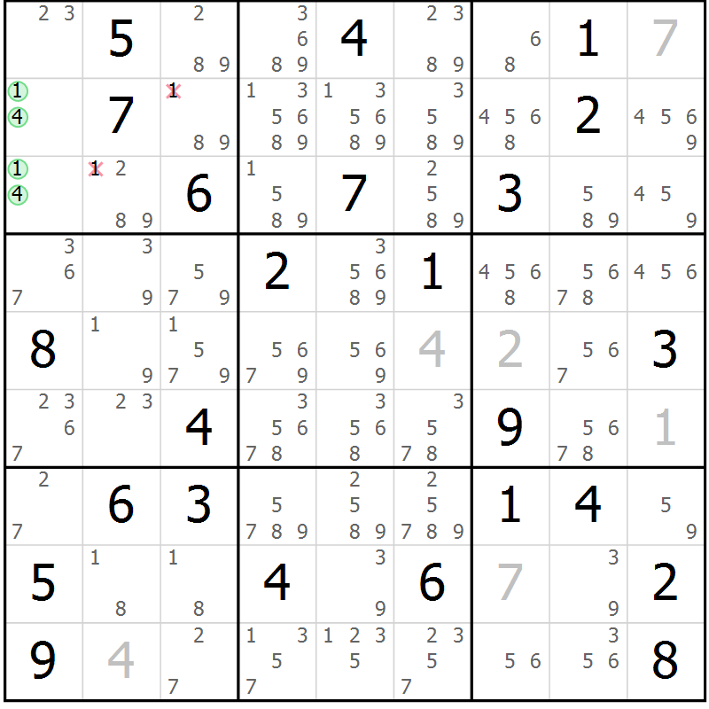 Position des candidats pour la solution de la Gr 56 page 59 du magazine de sudoku Sudoku Suprême n° 039