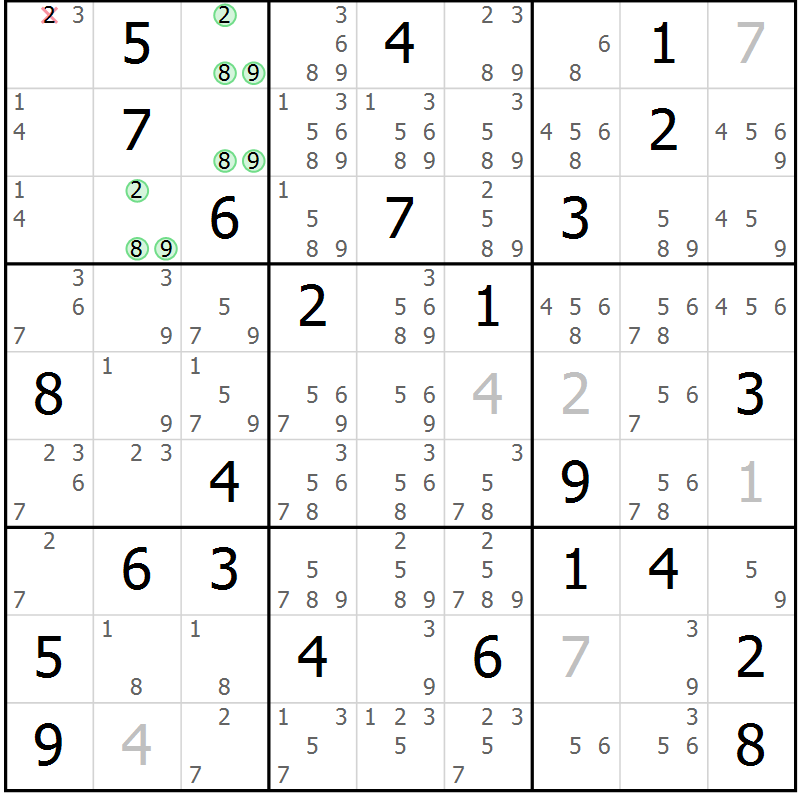 Position des candidats pour la solution de la Gr 56 page 59 du magazine de sudoku Sudoku Suprême n° 039