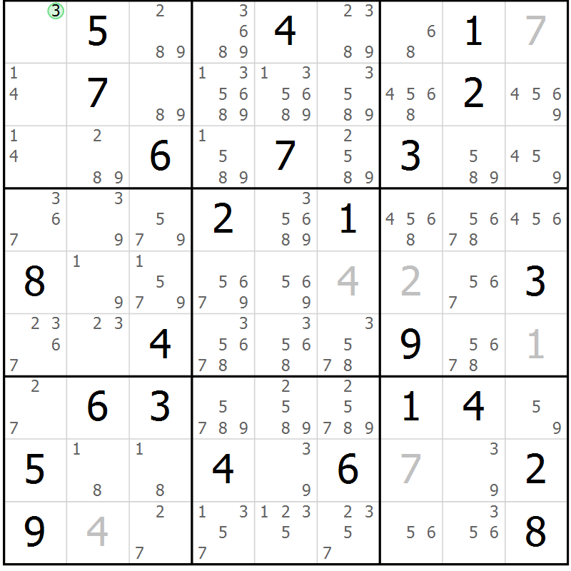 Position des candidats pour la solution de la Gr 56 page 59 du magazine de sudoku Sudoku Suprême n° 039