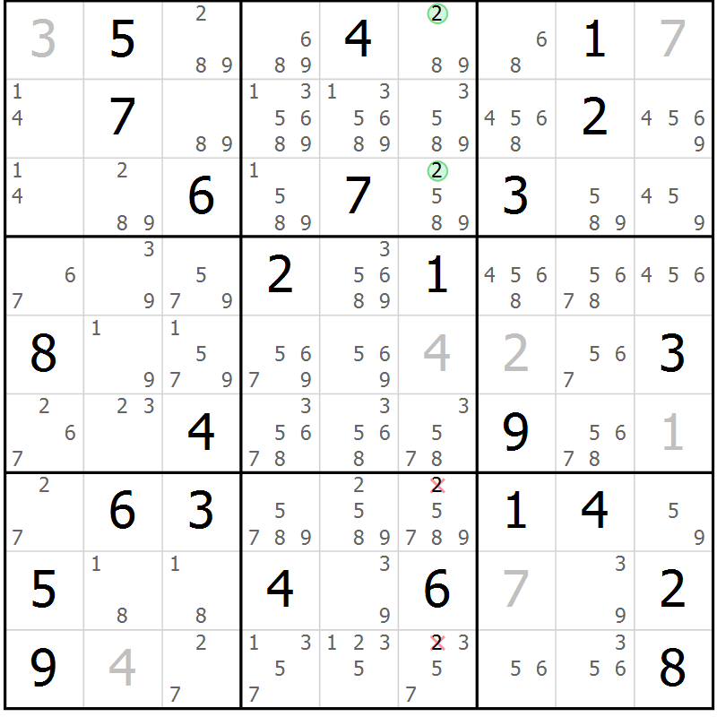 Position des candidats pour la solution de la Gr 56 page 59 du magazine de sudoku Sudoku Suprême n° 039