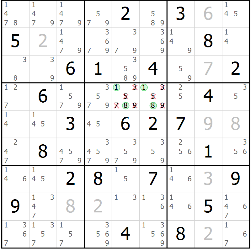 Position des candidats pour la solution de la Gr 57 page 60 du magazine de sudoku Sudoku Suprême n° 039