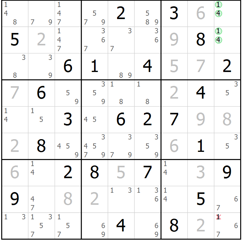 Position des candidats pour la solution de la Gr 57 page 60 du magazine de sudoku Sudoku Suprême n° 039