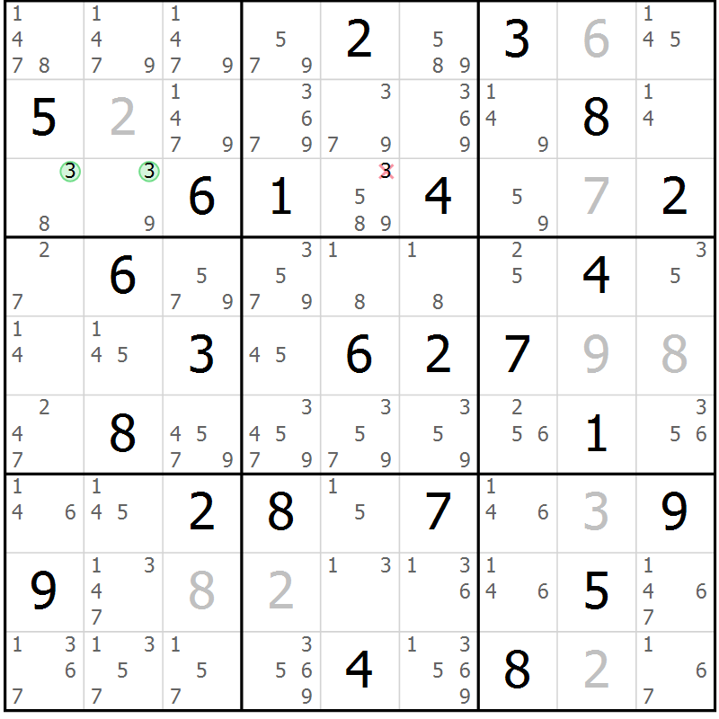 Position des candidats pour la solution de la Gr 57 page 60 du magazine de sudoku Sudoku Suprême n° 039