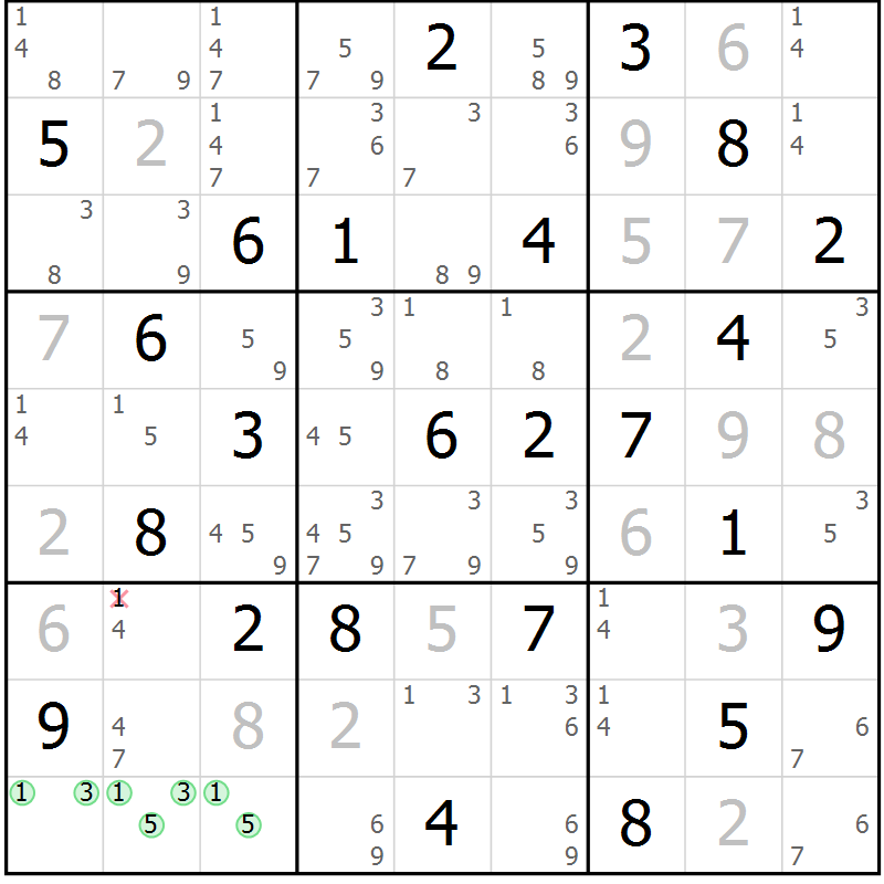 Position des candidats pour la solution de la Gr 57 page 60 du magazine de sudoku Sudoku Suprême n° 039
