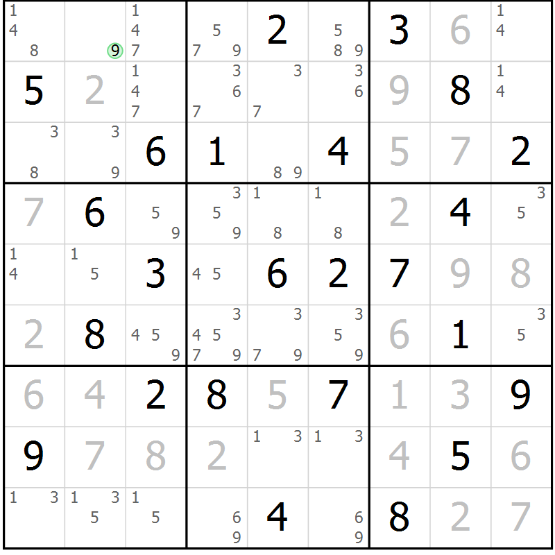 Position des candidats pour la solution de la Gr 57 page 60 du magazine de sudoku Sudoku Suprême n° 039