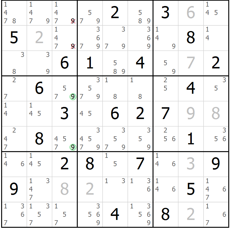 Position des candidats pour la solution de la Gr 57 page 60 du magazine de sudoku Sudoku Suprême n° 039