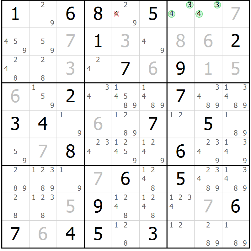 Position des candidats pour la solution de la Gr 58 page 61 du magazine de sudoku Sudoku Suprême n° 039
