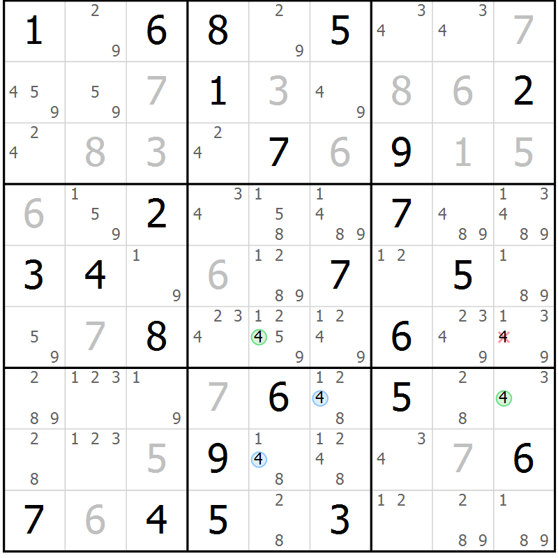 Position des candidats pour la solution de la Gr 58 page 61 du magazine de sudoku Sudoku Suprême n° 039