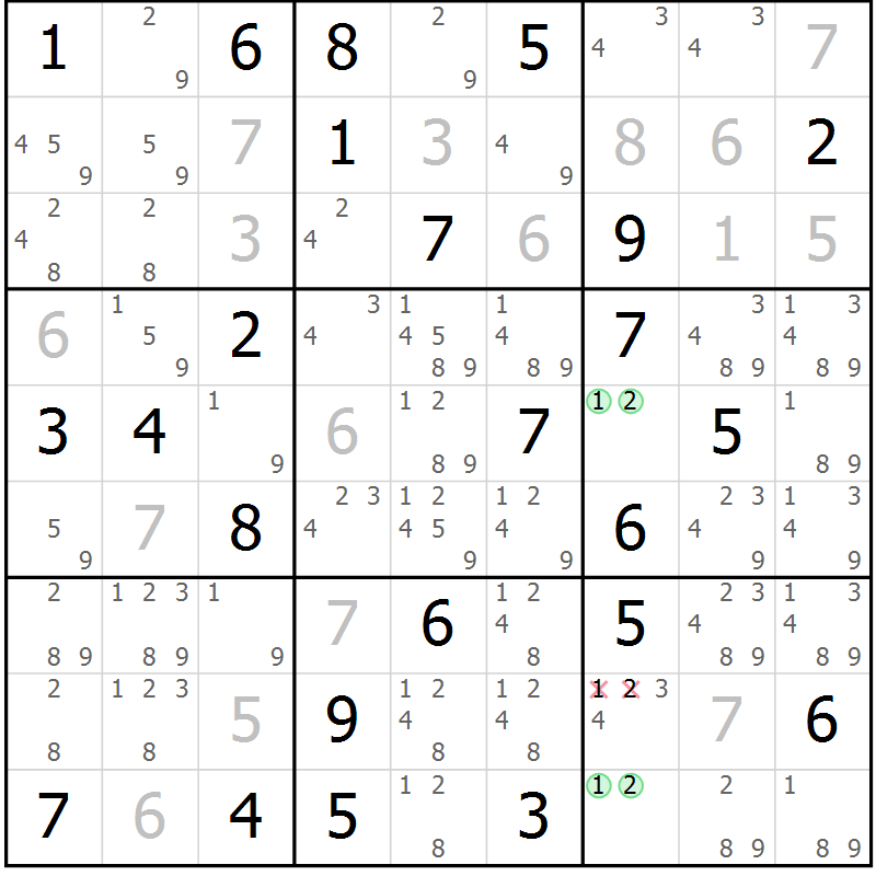 Position des candidats pour la solution de la Gr 58 page 61 du magazine de sudoku Sudoku Suprême n° 039