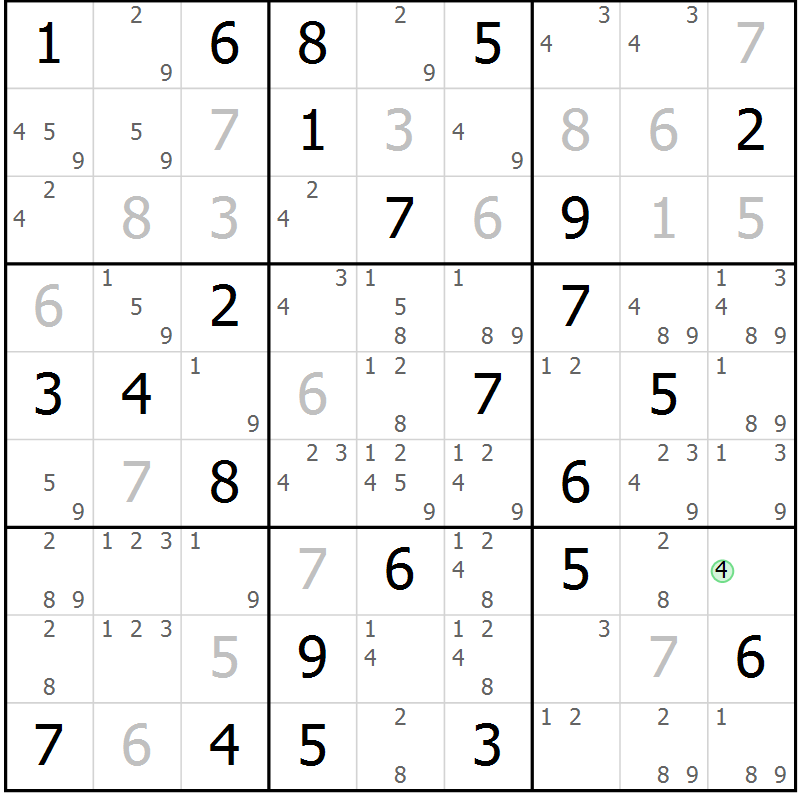 Position des candidats pour la solution de la Gr 58 page 61 du magazine de sudoku Sudoku Suprême n° 039