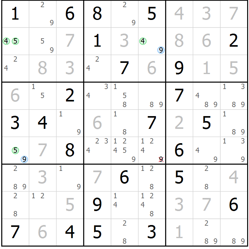Position des candidats pour la solution de la Gr 58 page 61 du magazine de sudoku Sudoku Suprême n° 039