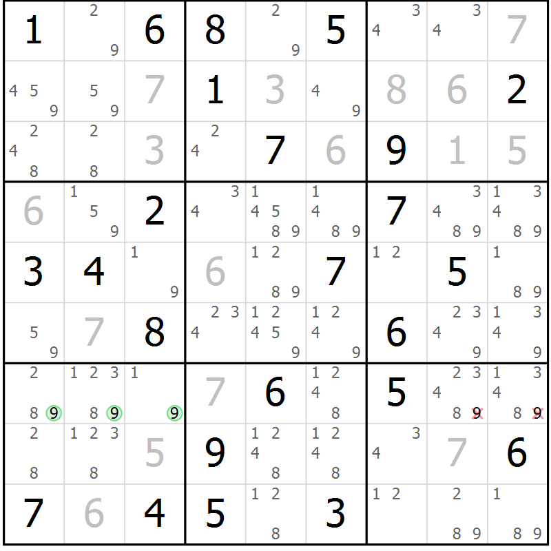 Position des candidats pour la solution de la Gr 58 page 61 du magazine de sudoku Sudoku Suprême n° 039