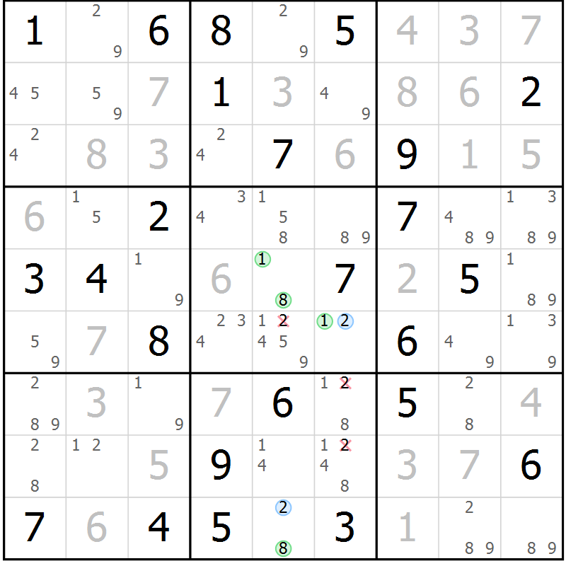 Position des candidats pour la solution de la Gr 58 page 61 du magazine de sudoku Sudoku Suprême n° 039