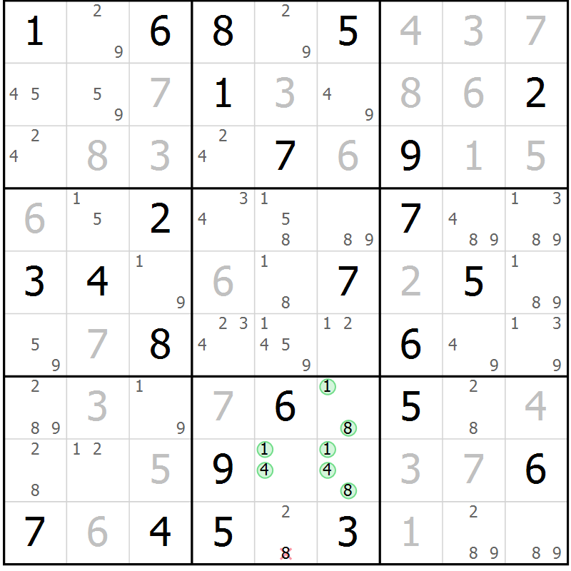 Position des candidats pour la solution de la Gr 58 page 61 du magazine de sudoku Sudoku Suprême n° 039