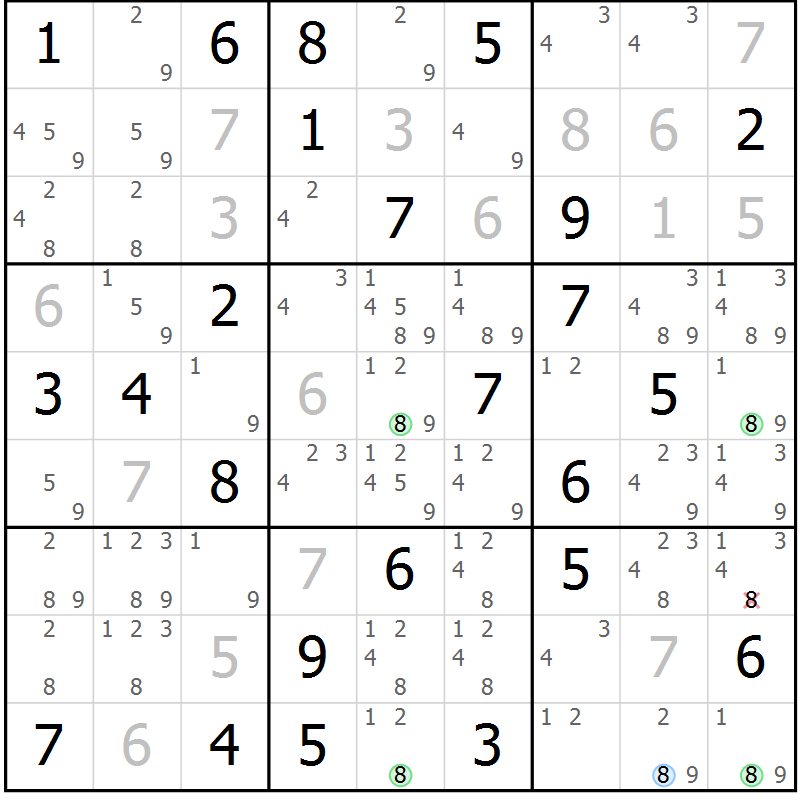 Position des candidats pour la solution de la Gr 58 page 61 du magazine de sudoku Sudoku Suprême n° 039